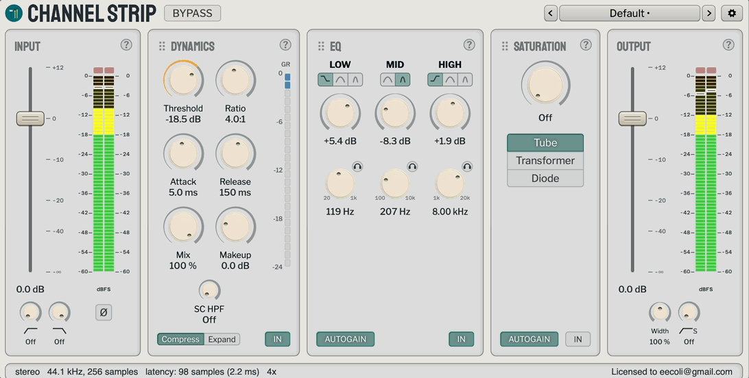 What Is Channel Strip, showing its input, dynamics, EQ, saturation, and output stages